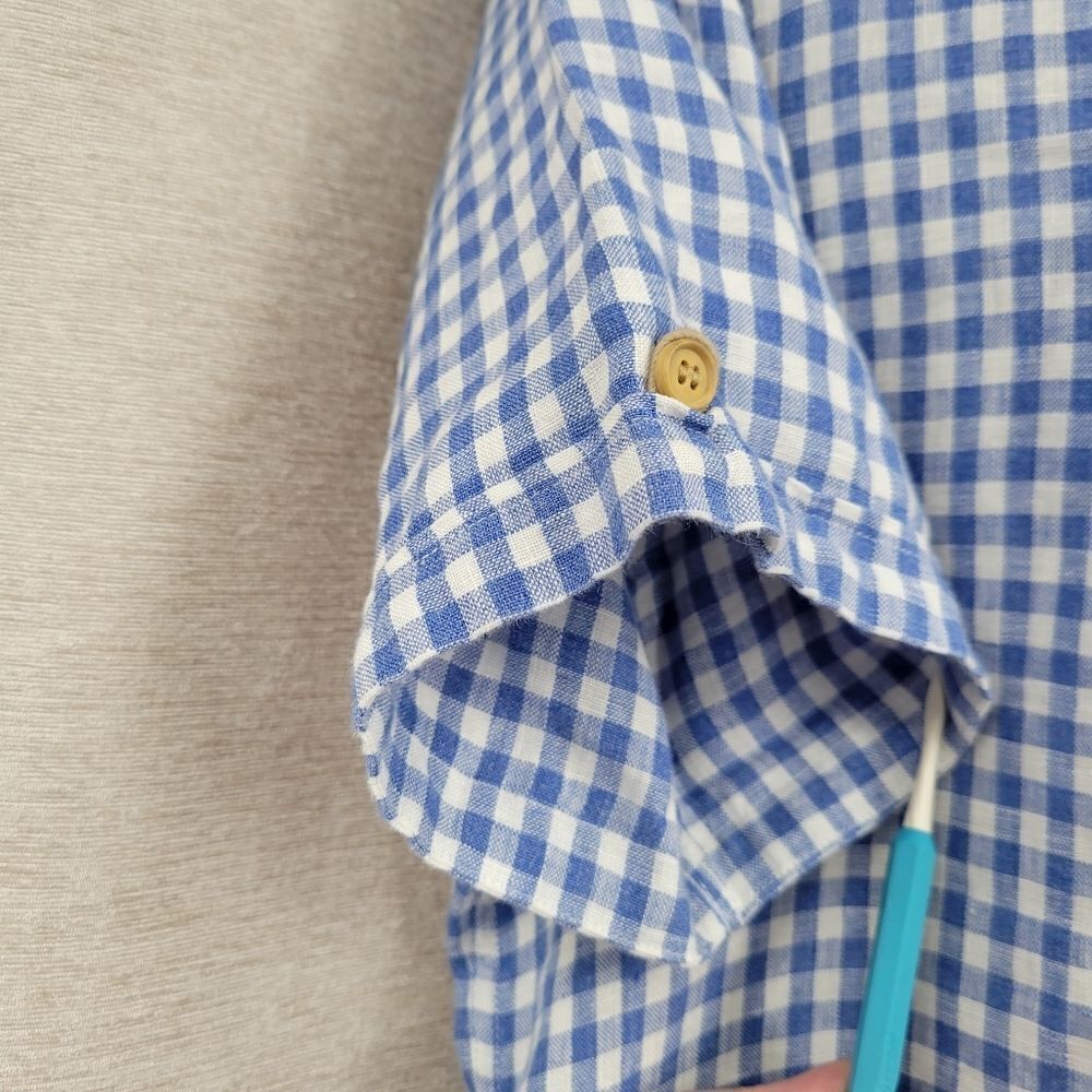 Murano Baird McNutt Linen Blue White Gingham Short Sleeve Button Down Shirt - Picture 3 of 10